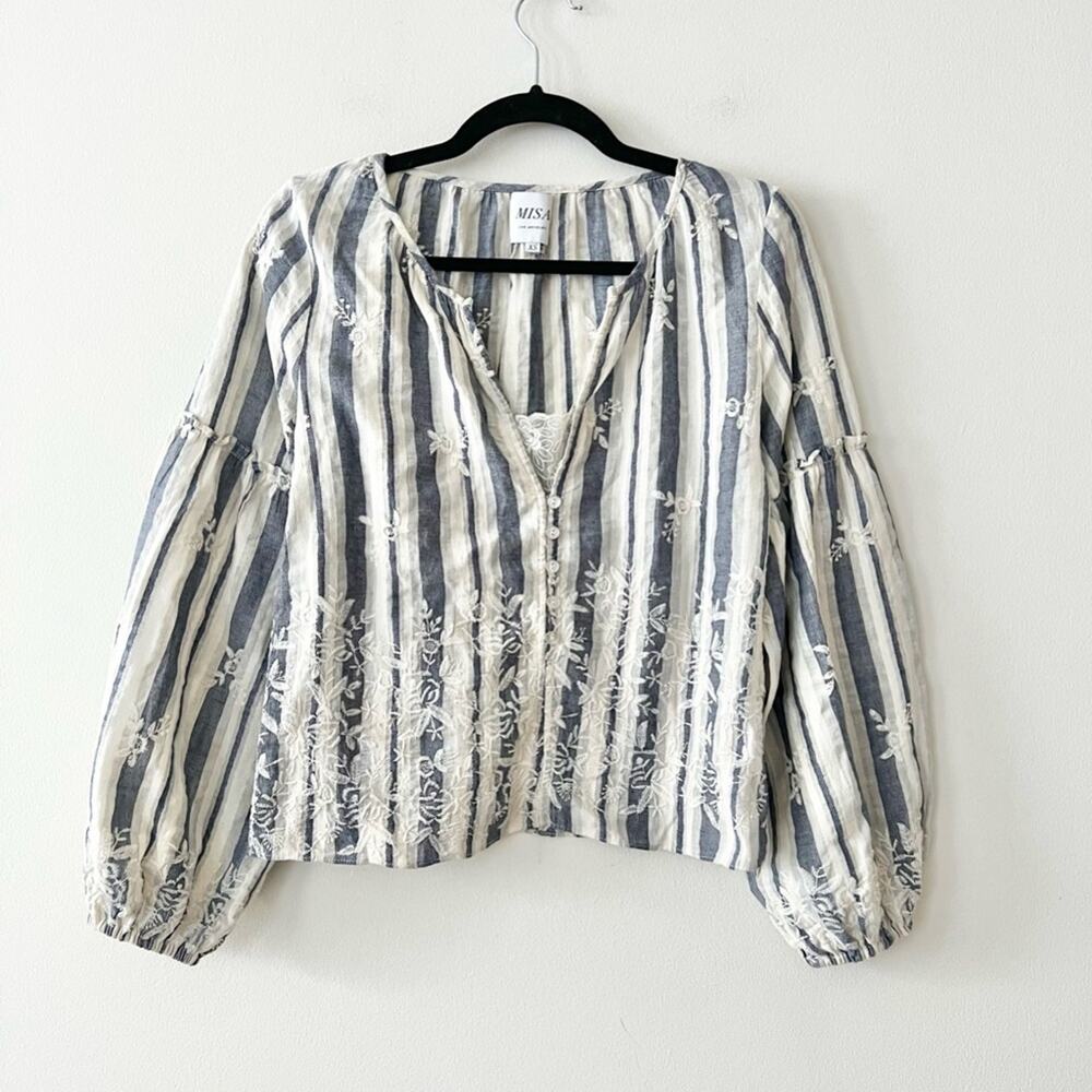 MISA LA Striped Floral Embroidered Peasant Blouse